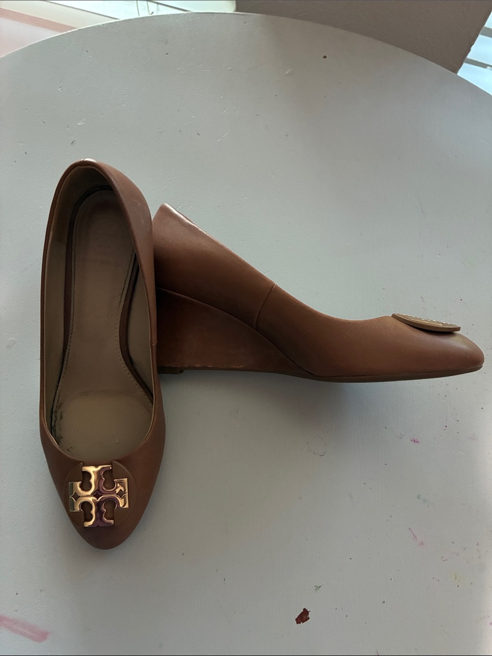 Tory Burch Tan Leather Wedge Pumps with Gold Logo
